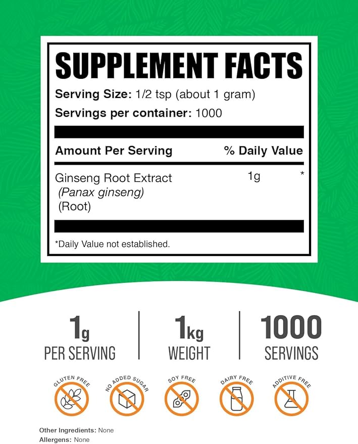 BulkSupplements.com Ginseng Root Extract Powder - Panax Ginseng Supplement, Herbal Supplement - Vegan & Gluten Free, 1g per Serving, 1kg (2.2 lbs) (Pack of 1)