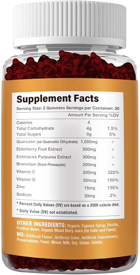Quercetin with Bromelain, Zinc & Vitamin C - Cardiovascular,Aging Support Chewable Vitamins -Vegan - Pure Quercetin for Kids and Adults - Non-GMO 60 Count