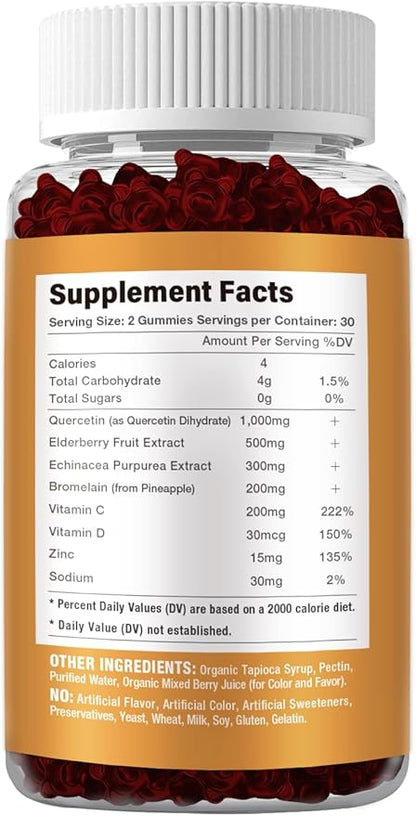 Quercetin with Bromelain, Zinc & Vitamin C - Cardiovascular,Aging Support Chewable Vitamins -Vegan - Pure Quercetin for Kids and Adults - Non-GMO 60 Count