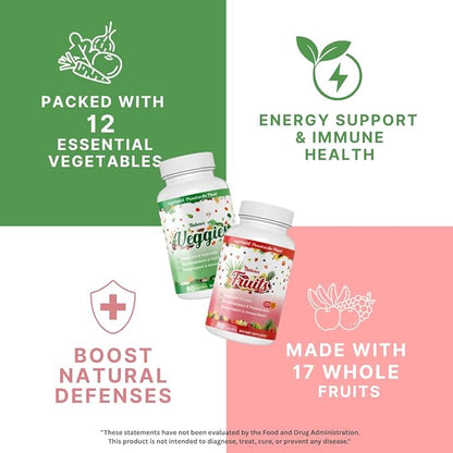 Whole Food Fruits & Vegetables Supplement – Superfood Blend for Energy, Digestion & Immune Support – 90 Fruit & 90 Veggie Capsules – Made in USA