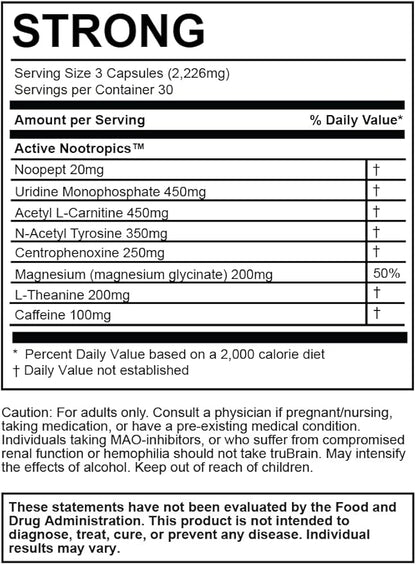 TruBrain Nootropic Capsules - Focus, Energy, Clarity. Fast Absorbing Nootropics Capsules | Brain Boosters | Improve Memory | Stop Procrastination (Strong)