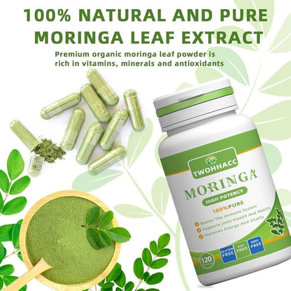 Pure Moringa Powder Capsules Organic Moringa Leaf Green Superfood Supports Energy Immunity Skin Gut and Joint Health Gluten Free Supplement 120ct