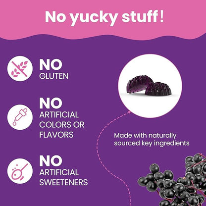 Kids Elderberry Gummies 50mg - Daily Immune Support with Vitamin C & Zinc, Natural Berry Flavor, Antioxidant, Gluten Free, 60 Gummies (2-Month Supply)