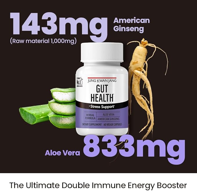 JungKwanJang Gut Health Support with Aloe Vera (833mg) and American Ginseng for Gut Health, Digestion, Immunity, 60 Capsules for Men and Women