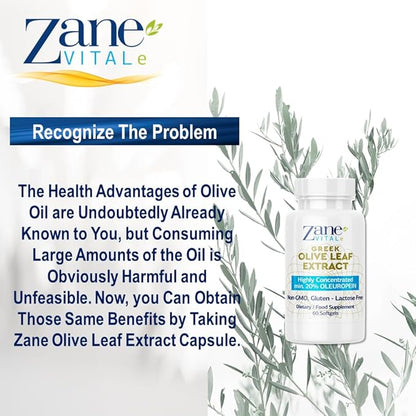 Zane Greek Olive Leaf Extract - min. 20% Oleuropein - Provides Immune and Healthy Blood Pressure Support, Promotes Cardiovascular System Health - 60 Capsules Non-GMO, Gluten - Lactose – Paraben Free
