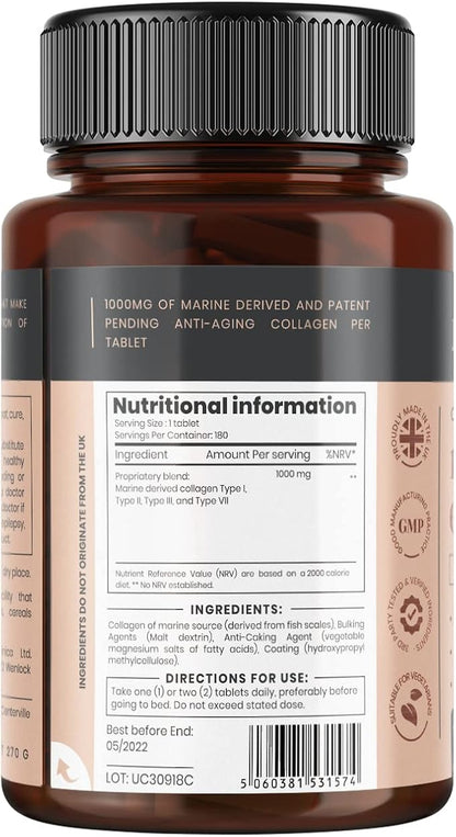 pureclinica UltraColl Marine Collagen 1000mg x 360 Tablets (2 Bottles of 180 Tablets - 6 Months Supply). The only Patented Anti-Aging Collagen Types I, II, III, and VII