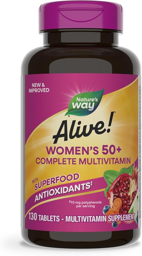 Nature's Way Alive! Women's 50+ Complete Multivitamin, Supports Healthy Heart, Brain, Bones*, Superfood Antioxidants(1), B-Vitamins, Gluten Free, 130 Tablets (Packaging May Vary)