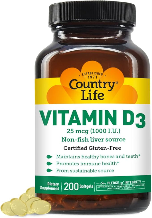 Country Life Vitamin D3 1000 IU Soft Gels, Large, 200 sg, 200 Count