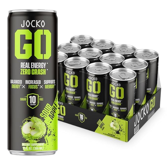 Jocko GO Energy Drink - KETO, Vitamin B12, Vitamin B6, Electrolytes, L Theanine, Magnesium- Energy Boost, Sugar Free Nootropic Monk Fruit Blend - 12 Pack (Sour Apple)