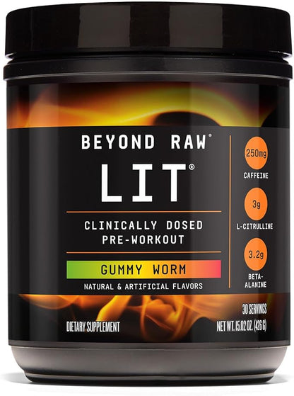 BEYOND RAW LIT Pre Workout Powder Supplement for Men and Women, Energy, Focus, Endurance, Pumps, Nitric Oxide Boost, 250mg Caffeine, Creatine, Beta Alanine, Gummy Worm, 30 Servings