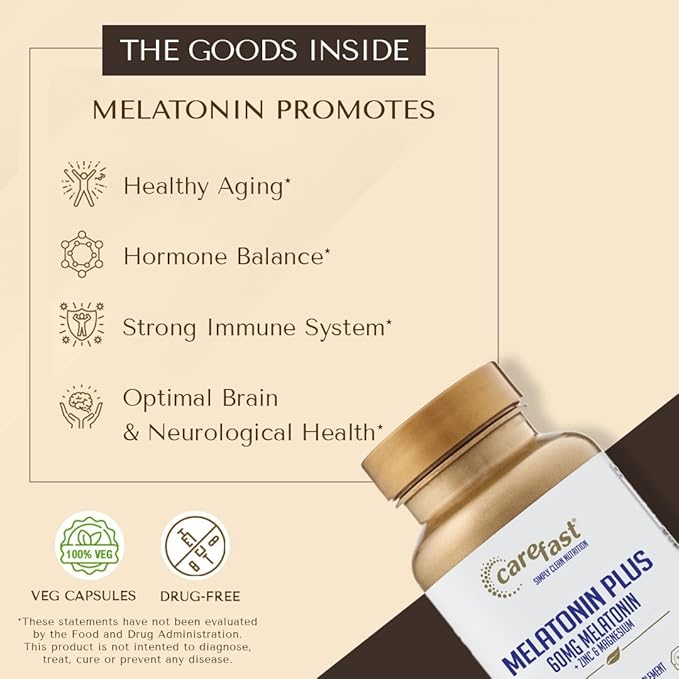 Melatonin Plus - High-Dose 60mg Melatonin with Zinc & Magnesium for Better Absorption - for Holistic Wellness - 180 Veggie Capsules
