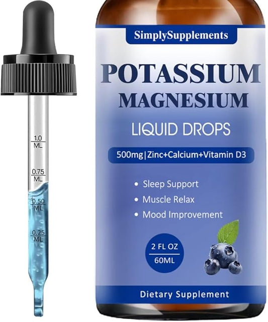Potassium Magnesium Supplement - Potassium 99mg & 500mg Magnesium Glycinate Complex Liquid Drops with Calcium, Zinc, Vitamin B6, D3 - Energy & Bone & Muscle Support - 2 Fl oz