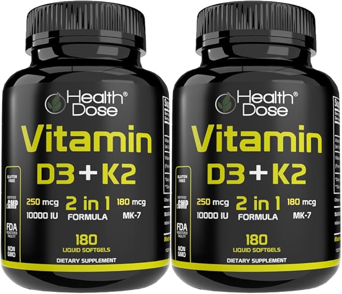 Vitamin D3 10,000 IU + K2 (MK7) Supplement, 2-in-1 Formula, Immune Support, a Healthy Mood, Heart, Joint, Teeth, Bone Health, Calcium Absorption, 180 softgels. (2)