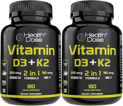 Vitamin D3 10,000 IU + K2 (MK7) Supplement, 2-in-1 Formula, Immune Support, a Healthy Mood, Heart, Joint, Teeth, Bone Health, Calcium Absorption, 180 softgels. (2)