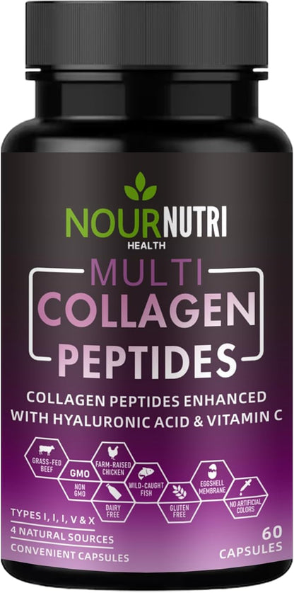 Multi Collagen Peptides Capsules – 4 Natural Sources – Types I, II, III, V & X – 60 Capsules