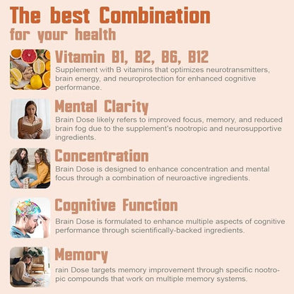 Brain Dose Premium Nootropics - Caffeine-Free Extra Strength Formula for Men & Women - Supports Brain Health, Cognitive Focus & Memory Retention, Pack of 5.