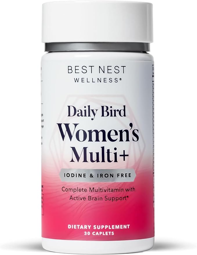 Best Nest Wellness Women's Multi Plus Iodine & Iron-Free - Brain & Energy Support Supplement - Serotonin Support with Vitamin B6 - Probiotics & Digestive Enzyme Blend - 30 Caplets