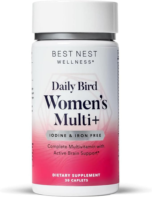 Best Nest Wellness Women's Multi Plus Iodine & Iron-Free - Brain & Energy Support Supplement - Serotonin Support with Vitamin B6 - Probiotics & Digestive Enzyme Blend - 30 Caplets
