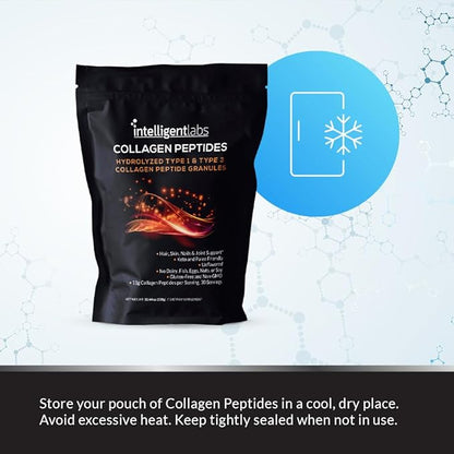 Intelligent Labs Hydrolyzed Type 1 and 3 Collagen Peptide Granules, Collagen Powder Unflavored, Keto and Paleo-Friendly, Third-Party Verified For Purity, 11g per Serving, 30 Servings a Pouch