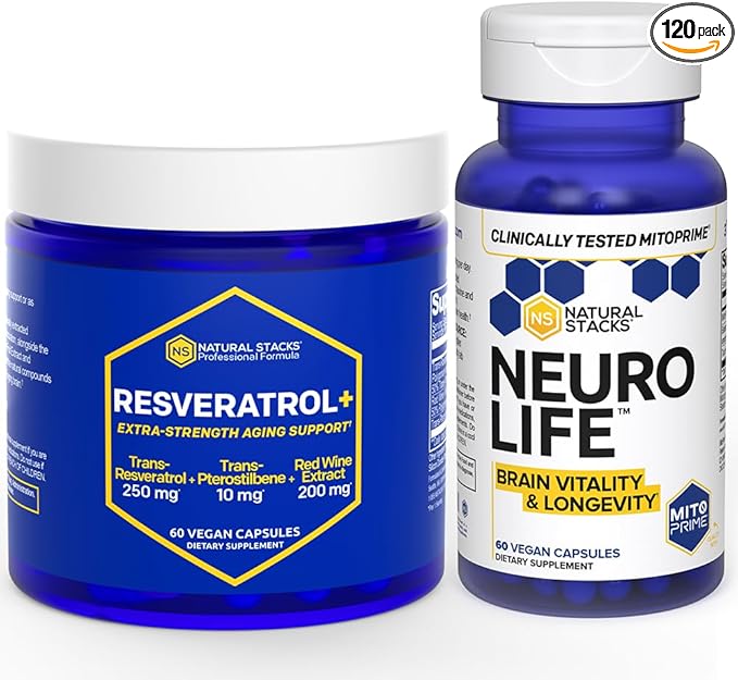 NATURAL STACKS NeuroLife & Resveratrol Supplement Bundle - Supports Longevity & Brain Aging* - 120 Capsules