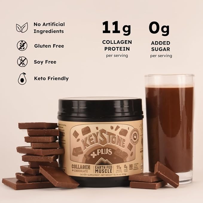 Earth Fed Muscle Keystone Plus Chocolate Collagen - Hair, Skin, Joints, 30 Servings