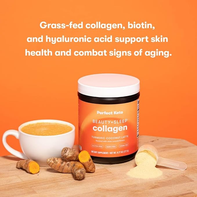 Perfect Keto Beauty + Sleep Grass Fed Collagen Peptides Protein Powder with Ashwagandha, Magnesium, Biotin, Hyaluronic Acid, L Theanine, Hair, Skin, Nails & Relaxation Support, Turmeric Coconut Latte