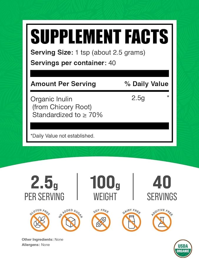BulkSupplements.com Organic Inulin Powder - Inulin Supplement, Soluble Fiber Powder - Vegan & Gluten Free, Inulin Fiber - 2.5g per Serving, 100g (3.5 oz) (Pack of 1)