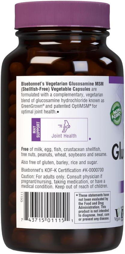 Bluebonnet Vegetarian Glucosamine with MSM Supplement - Shellfish-Free Joint Support Supplement for Women & Men - Vegetable Glucosamine HCI - Vegan, Kosher, Free of Soy, Gluten & Dairy - 120 V Caps