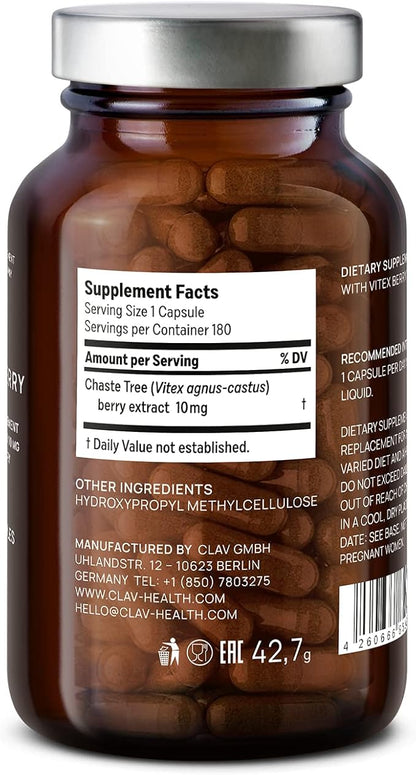 Vitex Berry - Premium Chasteberry 4:1 Extract (Vitex Agnus Castus) - Menopause & PMS Support - Hormone Balance for Women - 180 Capsules - 6 Month Supply - Made in Germany