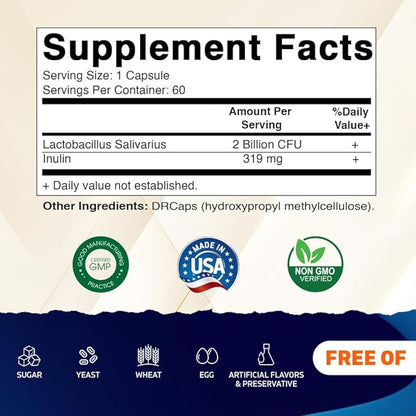 Vitamatic Lactobacillus Salivarius 2 Billion per DR Capsule - 60 Count - Digestive Support - Made with Prebiotic Inulin Fiber (2 Bottles)