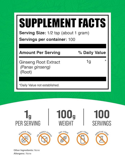 BulkSupplements.com Ginseng Root Extract Powder - Panax Ginseng Supplement, Herbal Supplement - Vegan & Gluten Free, 1g per Serving, 100g (3.5 oz) (Pack of 1)