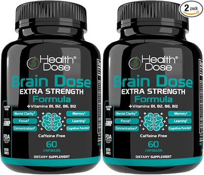 Brain Dose Premium Nootropics - Caffeine-Free Extra Strength Formula for Men & Women - Supports Brain Health, Cognitive Focus & Memory Retention, Pack of 2.