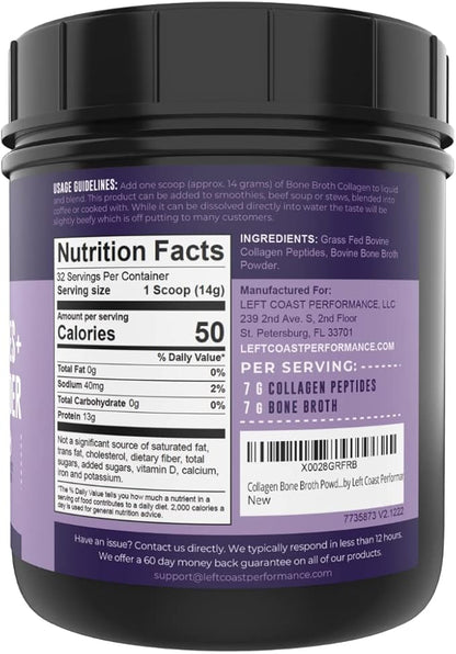 16oz Bone Broth Powder with Grass Fed Collagen Peptides - Unflavoured, Zero Carb, Dairy Free, No Additives, No Fillers - Natural Source Type I and III - Grass Fed Bone Broth Collagen Powder
