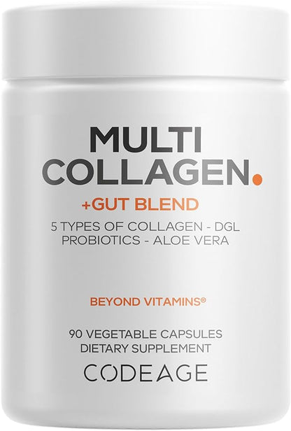 Codeage Multi Collagen + Gut Blend Supplement - Digestive Probiotics, DGL Licorice, Aloe Vera, Organic Peppermint Leaf, Slippery Elm - Hydrolyzed Bovine Collagen Pills - Non-GMO - 90 Capsules