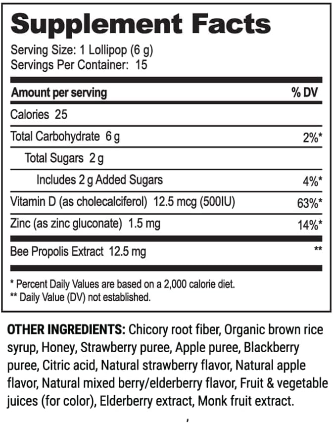 Kids Throat Soothing Lollipops by Beekeeper's Naturals - Doctor Formulated Immune Support, Vitamin D & Honey, Under 2g Sugar, Clean Ingredients,15 ct