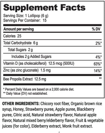 Kids Throat Soothing Lollipops by Beekeeper's Naturals - Doctor Formulated Immune Support, Vitamin D & Honey, Under 2g Sugar, Clean Ingredients,15 ct