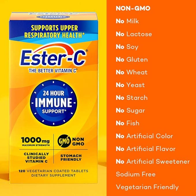 Ester-C Vitamin C 1000 mg Coated Tablets, Immune System Booster, Stomach-Friendly Supplement, 120 Count