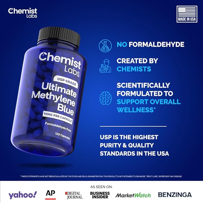 Methylene Blue | 10mg USP Grade Capsules | 120 Count | Pharmaceutical Grade | Cellular & Mitochondrial Support | Formaldehyde Free | Made in USA (120 Capsules)