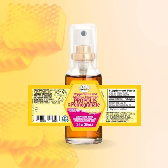 Beelife Propolis Throat Spray – Soothing Honey, Mint & Pomegranate - Natural Immune Support & Sore Throat Relief - Antioxidants, Rich in Flavonoids & Artepillin C, No Sugar, Gluten-Free, 1-Pack, 30ml