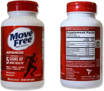 Move Free Advanced Glucosamine Chondroitin + Calcium Fructoborate Joint Support Supplement, Supports Mobility Comfort Strength Flexibility & Lubrication - 200 Tablets (100 Servings)*