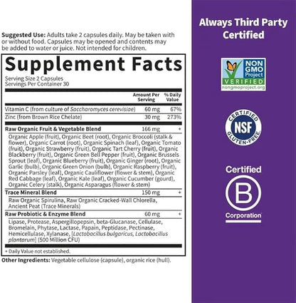 Garden of Life Zinc Supplements 30mg High Potency Raw Zinc and Vitamin C Multimineral Supplement, Vitamin Code Vitamins Trace Minerals & Probiotics for Skin Health & Immune Support, 60 Vegan Capsules