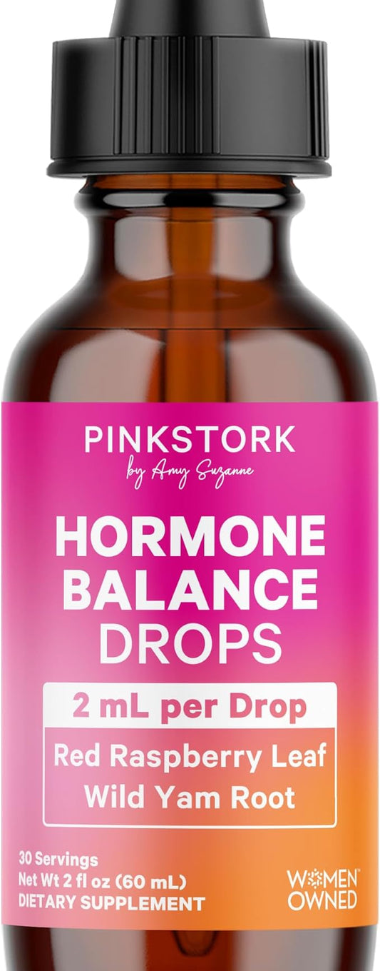 Pink Stork Hormone Balance Support Liquid - Hormonal Health, PMS and Period Relief, Menopause + Mood Support, Herbal Supplement for Women with Red Raspberry Leaf & Wild Yam - Vegan, 2 oz, 30 Servings