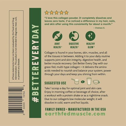 Earth Fed Muscle Unflavored Collagen Peptides Powder - 20g Protein Per Serving - Supports Hair, Skin, Nails, Joints & Recovery - Sugar-Free, Soy-Free, Gluten-Free, Paleo & Keto Friendly