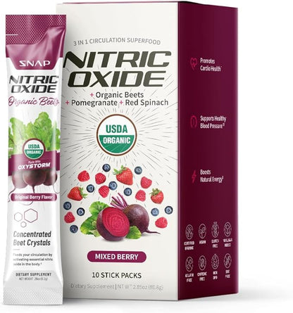 Snap Supplements USDA Organic Beet Root Powder, 3-in-1 Nitric Oxide Supplement, Support Healthy Blood Pressure and Blood Circulation, 250g (10 Stick Packs, Original Berry)