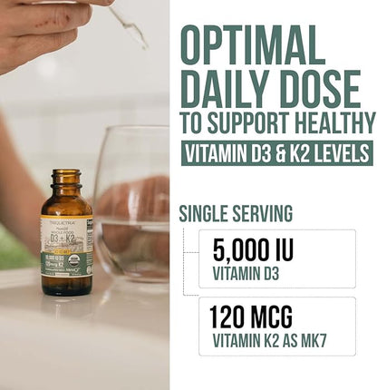 Organic Plant D3+K2 (5000 iu D3) All-Trans MK7 from MenaQ7 (120 mcg K2) 100% Organic & Plant-Based Sublingual D3 Drops (Cholecalciferol), 100% Vegan, Supports Immunity, and Bone, (1oz-2Pack)