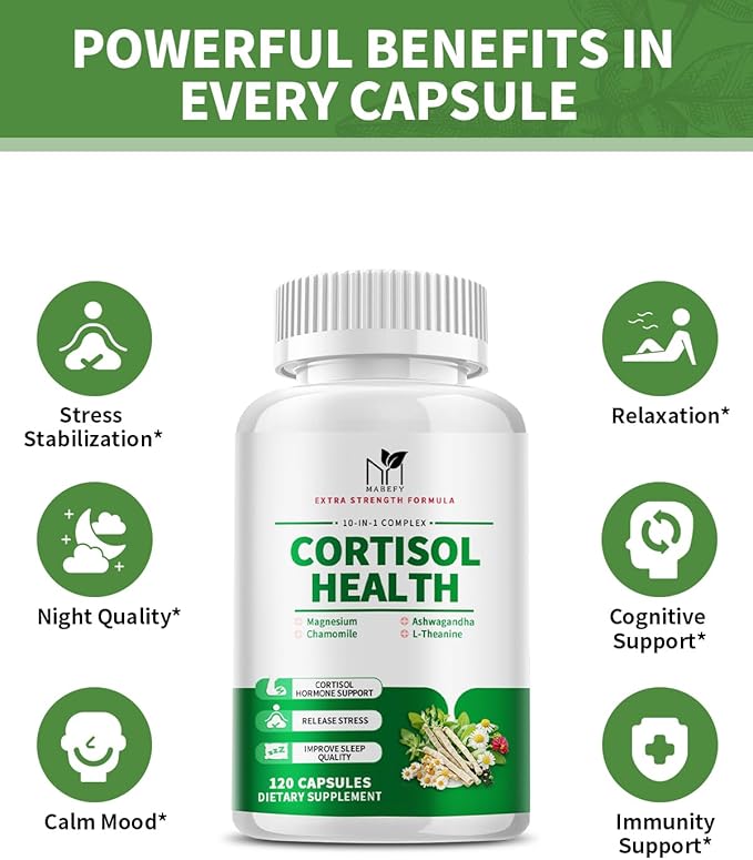 Cortisol Supplements for Women - 10 in 1 Cortisol Manager with Magnesium, Ashwagandha, L-Theanine, Cortisol Balance for Stress, Mood, Sleep, Cortisol Detox for Women - 120 Vegan Capsules