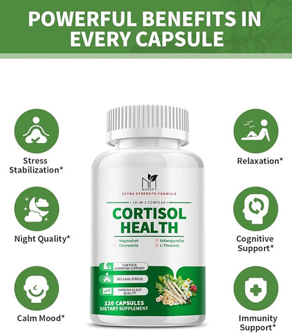 Cortisol Supplements for Women - 10 in 1 Cortisol Manager with Magnesium, Ashwagandha, L-Theanine, Cortisol Balance for Stress, Mood, Sleep, Cortisol Detox for Women - 120 Vegan Capsules