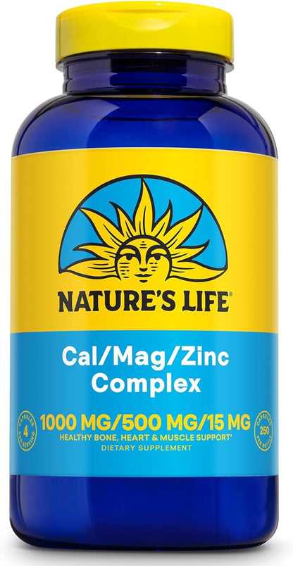 NATURE'S LIFE Cal Mag Zinc Complex 1000mg / 500mg / 15mg - Calcium Magnesium Zinc Supplement w/Vitamin D and Boron - Bone Health, Muscle and Heart Health Support, 60 Day Guarantee, 62 Serv, 250 Caps