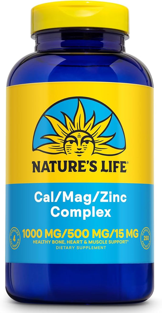 NATURE'S LIFE Cal Mag Zinc Complex 1000mg / 500mg / 15mg - Calcium Magnesium Zinc Supplement w/Vitamin D and Boron - Bone Health, Muscle and Heart Health Support, 60 Day Guarantee, 62 Serv, 250 Caps