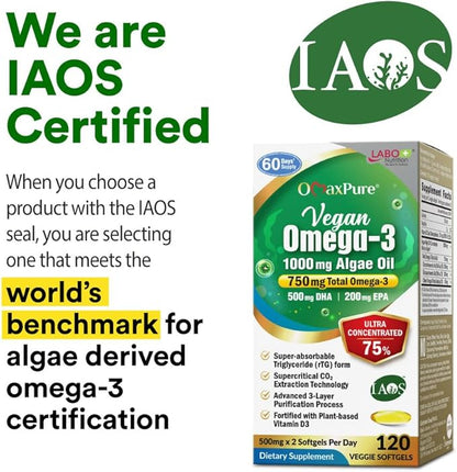 LABO Nutrition Vegan Omega 3 Algae Oil - Plant Based Fish Oil Alternative 750mg Omega-3 500mg DHA & 200mg EPA - Non-GMO & IAOS Certified - Heart, Brain, Eye, Immune, Joint Support 120 Softgels
